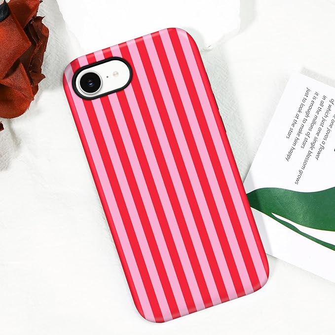 Magnetic for iPhone 17e Case Cute Stripes Phone Case, Shockproof Slim TPU and Hard PC Protective Phone Cover Compatible with MagSafe Designed for Women Girls, Red and Pink