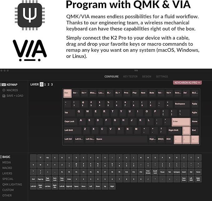 Keychron K2 Pro QMK/VIA Wireless Mechanical Keyboard, Custom Programmable Macro Wired Keyboard with Hot-Swappable K Pro Red Switch White LED Backlight PBT Keycaps for Mac Windows Linux