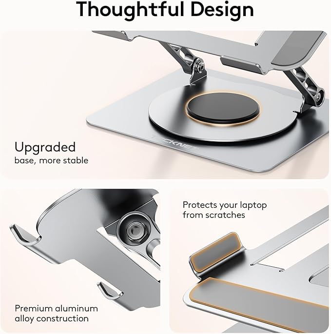 TECKNET Laptop Stand for Desk - 360° Rotating Base, Ergonomic Foldable Computer Stand for Laptop Riser, Height Adjustable, Compatible with MacBook Pro, Dell XPS, HP, and All Laptops 10-17" (Silver)