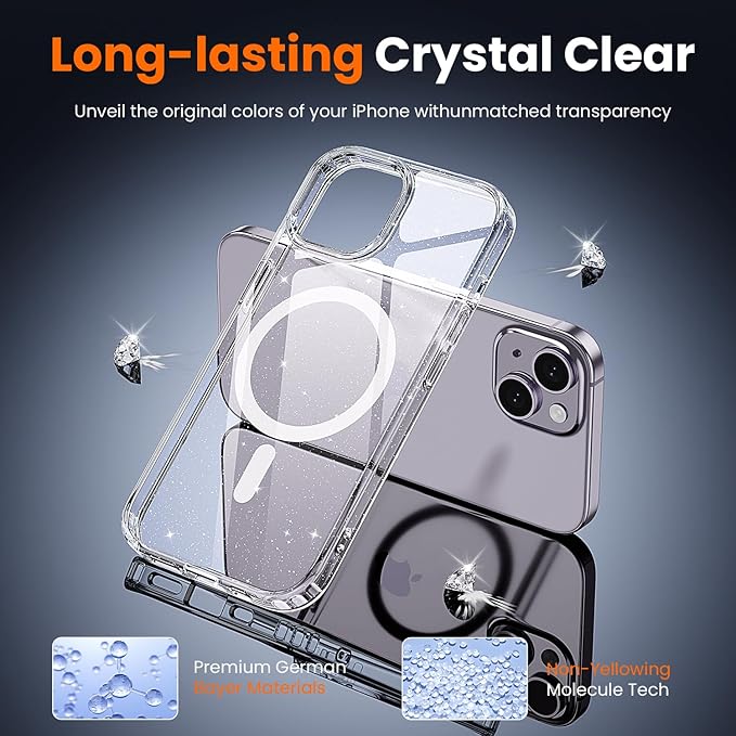 toushion 3 in 1 for iPhone 14 Case Clear with MagSafe, Not Yellowing, Screen Protector*1 Camera Lens Protector*1, Military-Grade Protection for iPhone 14 Phone Case 6.1 inch Clear Glitter