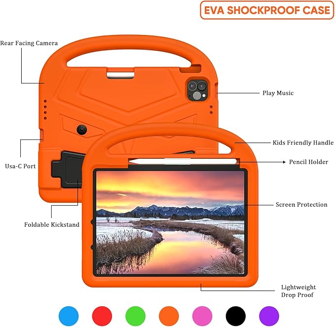 Kids Case for Apple iPad Air 11-inch M3 (2025) /M2 (2024) with Pencil Holder/Handle/Kickstand Lightweight Soft EVA Foam Shockproof Stand Tablet Cover for iPad Air 11" M3/M2, Orange Bird