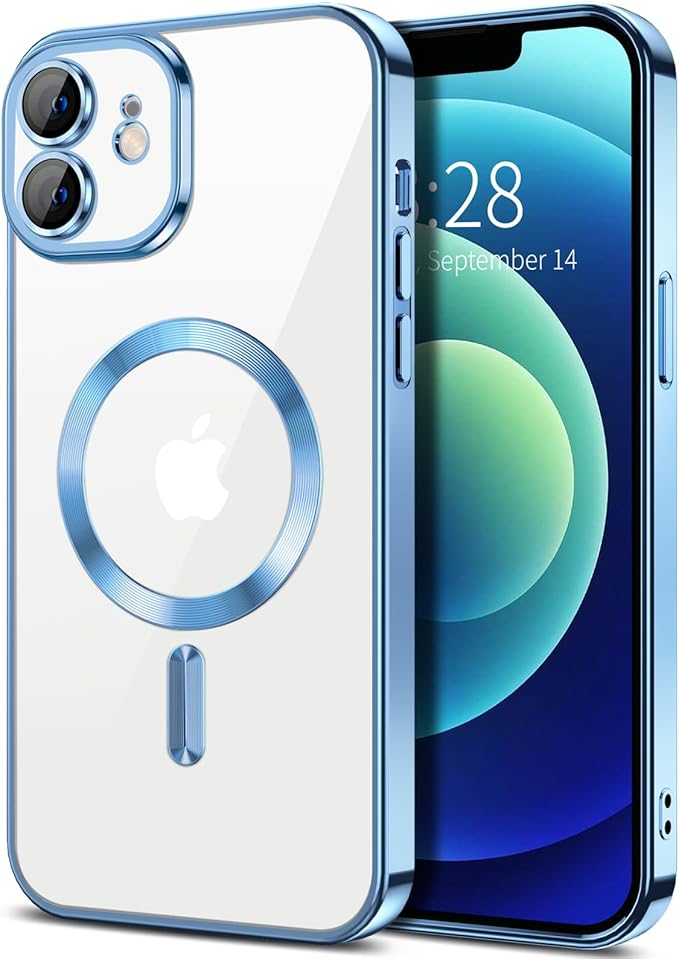 Hython Magnetic Clear for iPhone 12 Case with Camera Lens Protector [Compatible with MagSafe] Luxury Plating Edge Slim Soft TPU Cover Protective Phone Case for iPhone 12 6.1", Light Blue