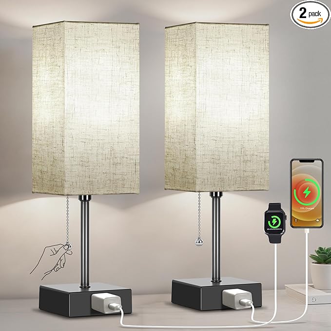 Table Lamp for Bedroom Set of 2, Bedside Lamps with 3 Color Temperatures Night Light, Lamp for Night Stands with AC Outlet and Square Shade, Pull Chain Small Desk Lamp for Living Room Home Decor