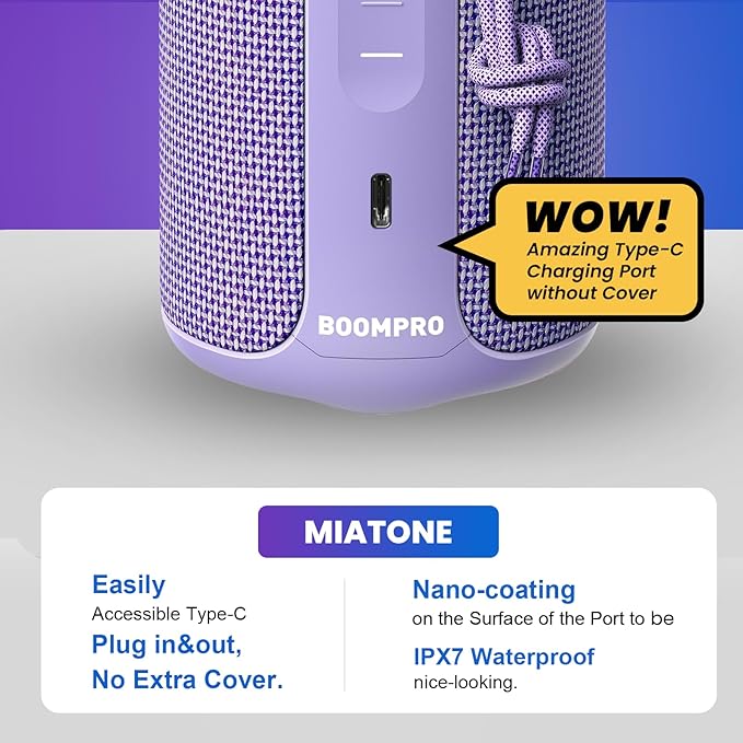 MIATONE Bluetooth Speakers 36W TWS Portable Speaker with Stereo Sound Bass, Bluetooth 5.3 Wireless USB Type C Outdoor, 5000mAh (Purple)