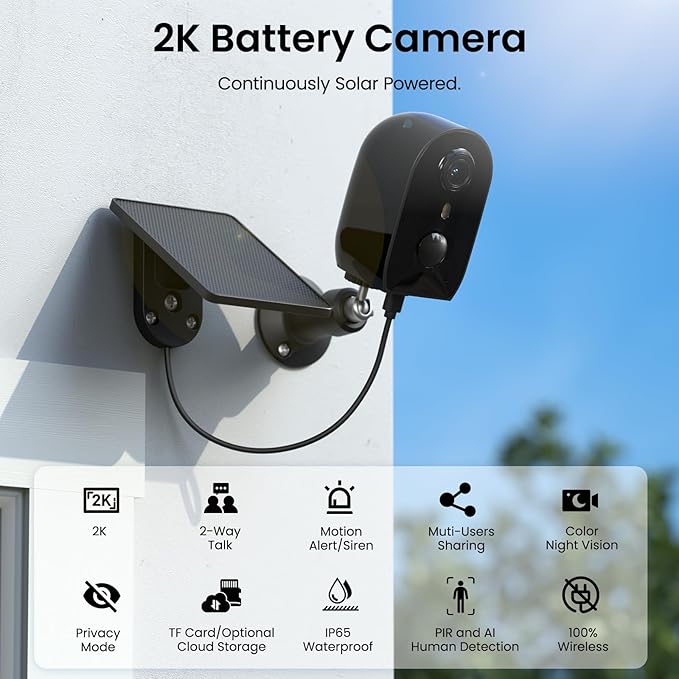 AOQEE Solar Camera Outdoor Wireless-2K Battery Powered Outside Cameras for Home Security with PIR Motion Detection, Siren Alarm, 2-Way Talk, SD Card&Optional Cloud Storage, Work with Alexa, Y8 1P