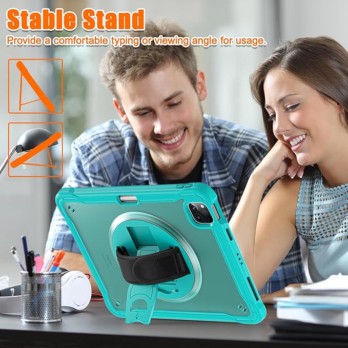 Batianda Case for iPad Pro 11-inch 2022 4th M2 Chip /2021 (3rd Generation) Heavy Duty Rugged Shockproof Tablet Cover with 360° Rotating Hand Strap Foldable Hidden Stand & Shoulder Strap, Blue