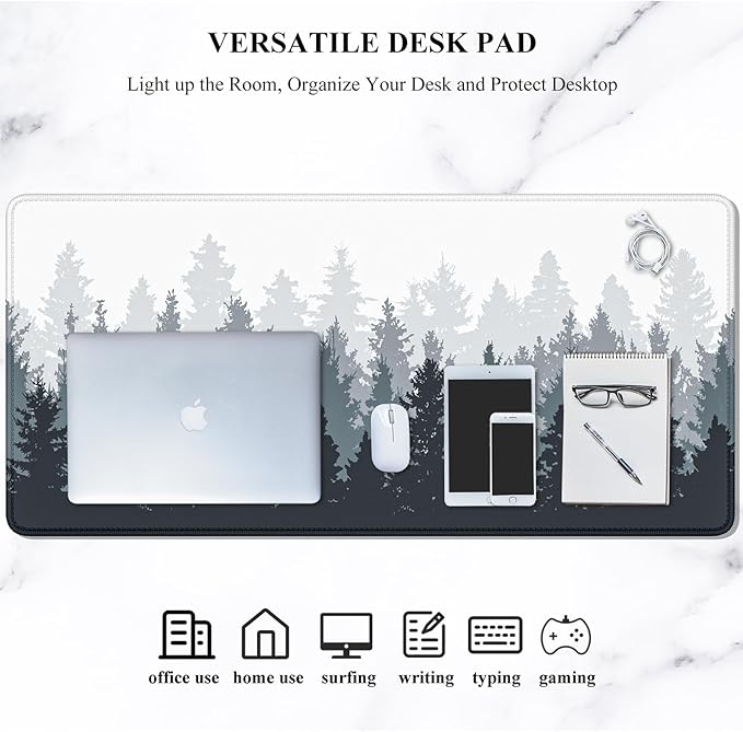 Auhoahsil Desk Mouse Pad, Oversized Forest Desk Mat 35.4 x 15.7 Inch, Extended Long Gaming Mousepad Non-Slip Rubber Base Stitched Edges XXL Ultra Large Thin Full Desk Pad for PC Laptop Gaming Work