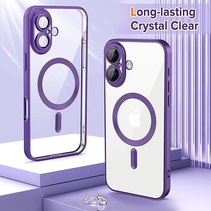 Hython Magnetic Clear for iPhone 16 Plus Case with Camera Lens Protector [Compatible with MagSafe] Luxury Plating Edge Slim Soft TPU Cover Protective Phone Case for iPhone 16 Plus, Matte Purple