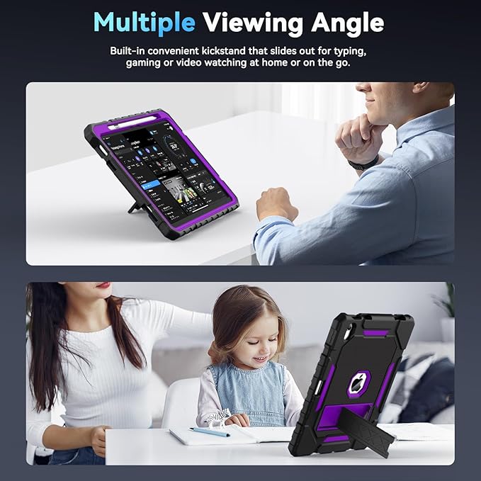 Grifobes for iPad A16 Case 11th Generation 11 inch 2025 / iPad 10th Generation Case 10.9 inch 2022, Heavy Duty Military Grade Shockproof Cover with Pencil Holder for i Pad 11/10 (Black+Purple)