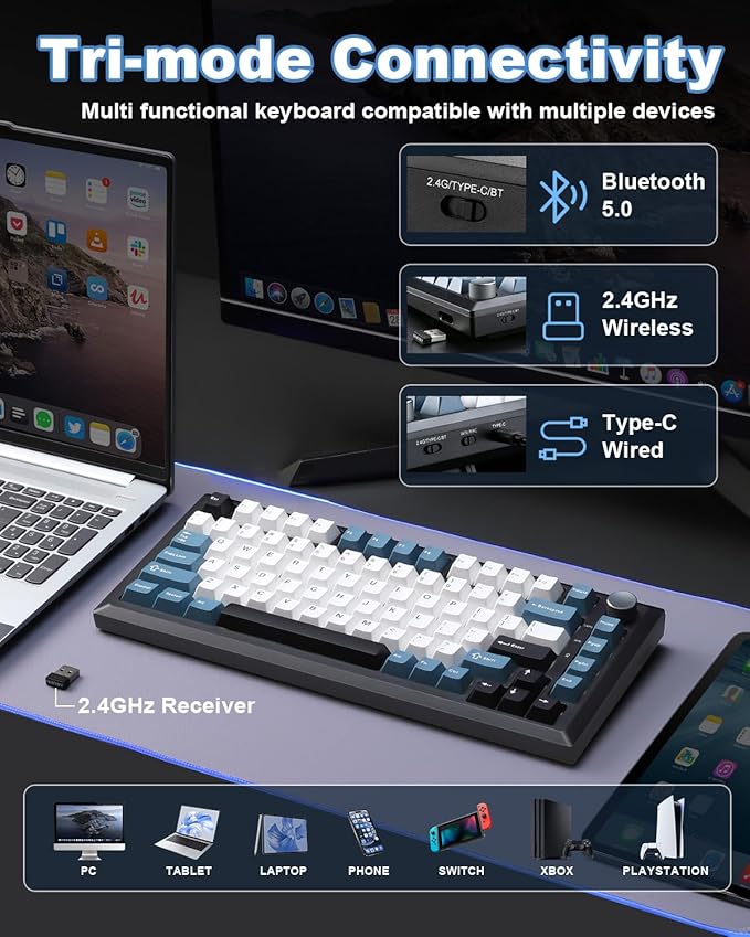 Y75 Gasket Wireless Mechanical Keyboard,75% Hot-Swappable with Knob, Tri-Mode,Creamy Pre-lubed Milk Linear Switches & Doubleshot PBT Keycaps, RGB, Win/Mac (Black & Blue)