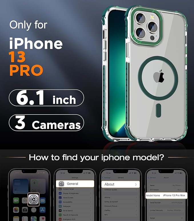 DEERLAMN Strong Magnetic Case for iPhone 13 Pro 6.1-Inch,[Compatible with Magsafe][Military-Grade Protection] Clear Slim Shockproof Protective Phone Cover for Women Men-Transparent+Green
