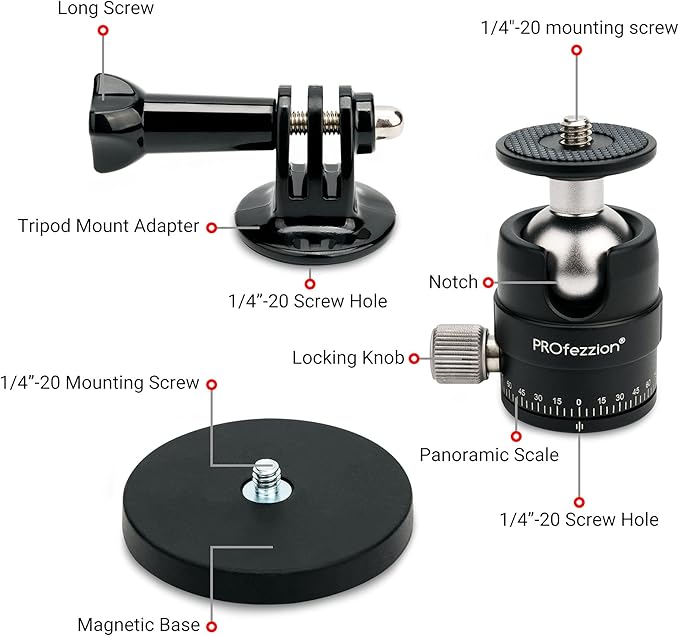 PROfezzion Magnetic Mount for GoPro, Strong Manget Base with Detachable 360° Rotation Ball Head for GoPro Hero 13/12/11/10/9/8/7/6, Insta360 X5/X4/X3/Ace/Ace Pro, DJI Osmo Action 5/4/3 Action Cameras
