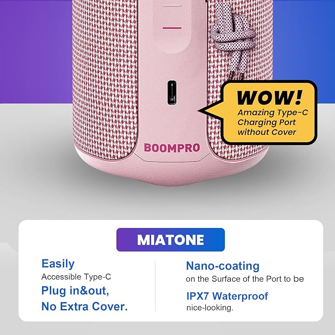 MIATONE Bluetooth Speakers 36W TWS Portable Speaker with Stereo Sound Bass, Bluetooth 5.3 Wireless USB Type C Outdoor Festival Gifts for Mom (Pink)
