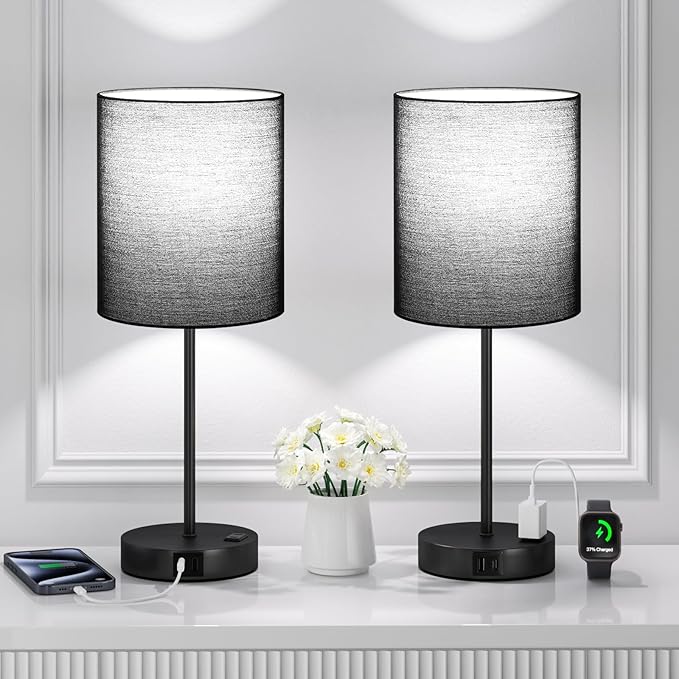 Black Touch Lamps for Nightstand Set of 2 - Bedside Table Lamp for Bedroom with Dual USB Ports & AC Outlet, 3-Way Dimmable Lamps for Living Room Boys Room, Night Light with 5000K Daylight Bulbs