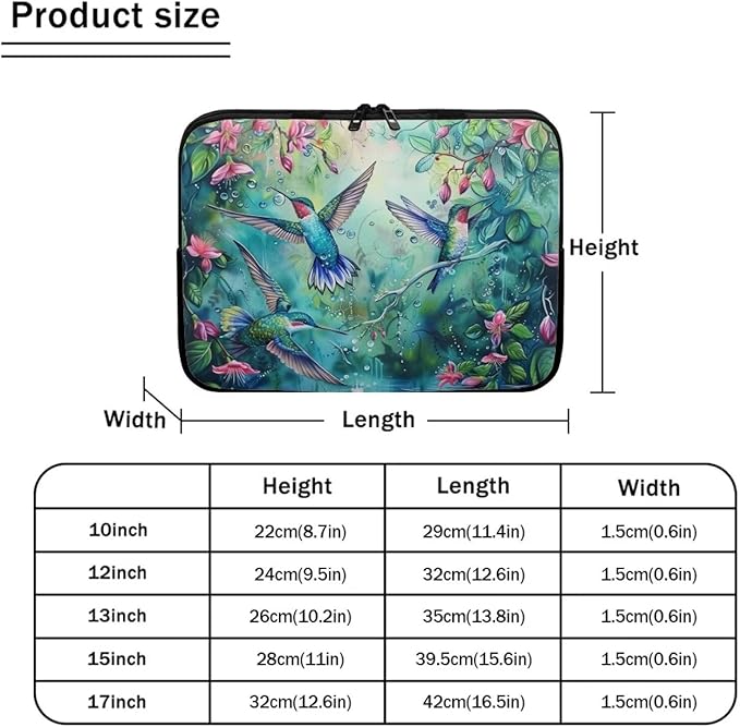 Hummingbird Flower Computer Sleeve for Women Laptop Sleeve 17 inch Neoprene Laptop Covers with Padded Compartment Lap Top Case Computer Carrying Bag