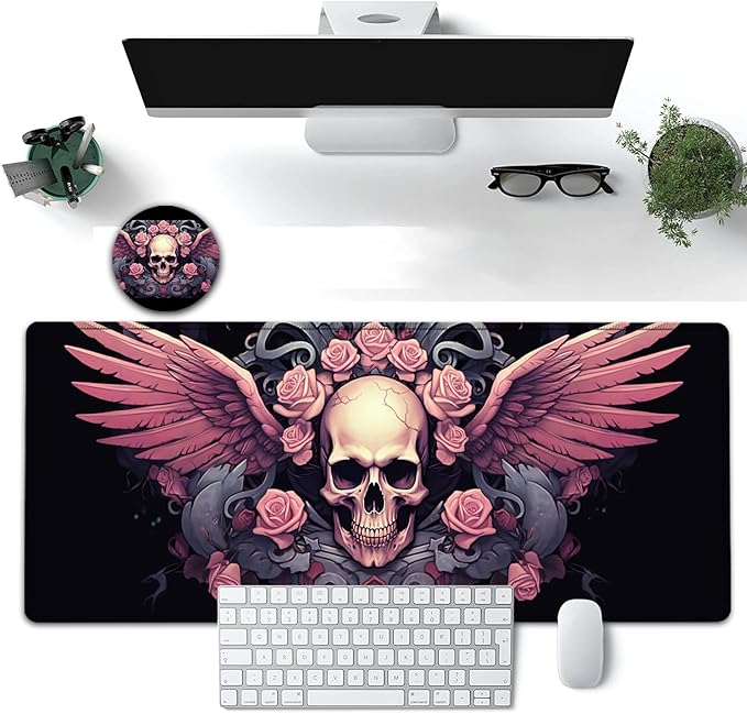 Large Mouse Pad, 31.5 x 11.8in Extended Gaming Mouse Pad with Stitched Edges, XXL Mousepad Protector Non Slip Rubber Base for Office Home Writing Mat, Wings, Pink Roses & Skulls Pattern Black Desk Mat