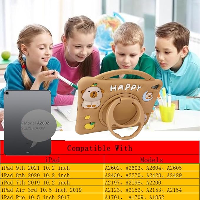 3D Cute Press Capybara Case for iPad 9th/8th/7th 10.2 inch/Air 3rd 2019 /Pro 2017 10.5 inch,Kawaii Cartoon Character Capybara Soft Silicone Rotating Stand Case with Lanyard for Kids Girls Women