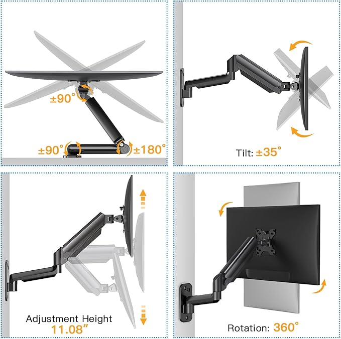 HUANUO Single Monitor Wall Mount for 13 to 32 Inch Computer Screen, Gaming Monitor Wall Mount Arm Holds up to 17.6lbs, Height Adjustable Full Motion Wall Monitor Mount-VESA Mount 75x75,100x100