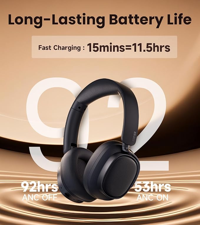 Edifier ES850NB Active Noise Cancelling Headphones, Over Ear Bluetooth Headset, 92H Playtime Wired & Wireless Hi-Res Audio Certified, Fast Charging Clear Calls for Home Office Travel (Black)