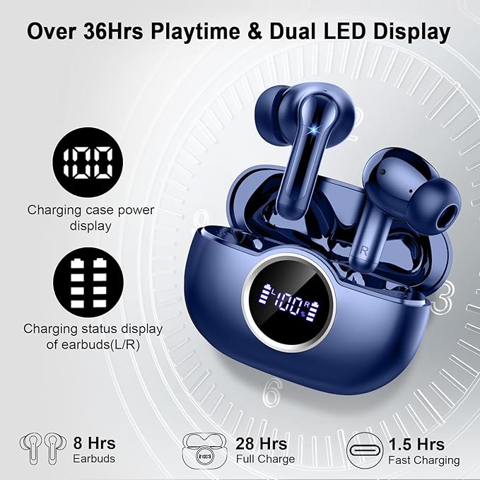 Wireless Earbuds, 2025 Bluetooth 5.4 Headphone 3D Bass Hi-Fi Stereo Ear Buds, 4 ENC Noise Cancelling Mic, 40H 3g USB-C in-Ear Earphone, IP7 Waterproof Workout Sport for Laptop Pad Android iOS, Blue