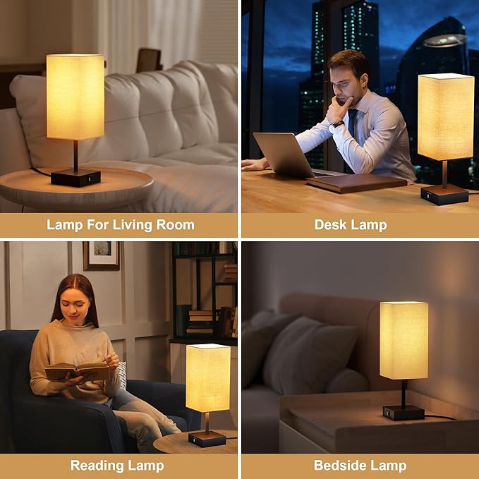 Touch Bedside Lamp for Bedroom Set of 2, 3 Way Dimmable Table Lamp with USB C+A Charging Ports, Small Nightand Lamps for Bedroom Decor, Living Room, Home, LED Bulbs Included, Upgraded Beige