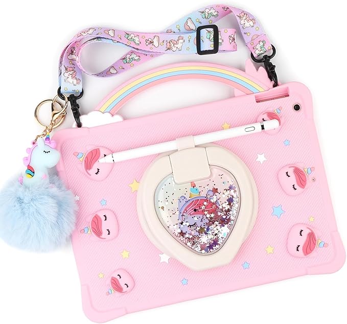 [Super Cute Rainbow Unicorn Case] Kids Case for iPad 10.2 Inch 2021/2020 9th/8th Generation & 2019 iPad 7th Generation Case Cover for Kids Girls with Hand Strap and 360° Rotating Stand - Pink