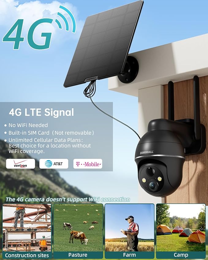 ZUMIMALL 4G LTE Cellular Security Cameras Wireless Outdoor, 2K No WiFi Cameras for Home Security with 360° View, Color Night Vision, 2-Way Talk, AI Detection, Built in SIM Card, Black