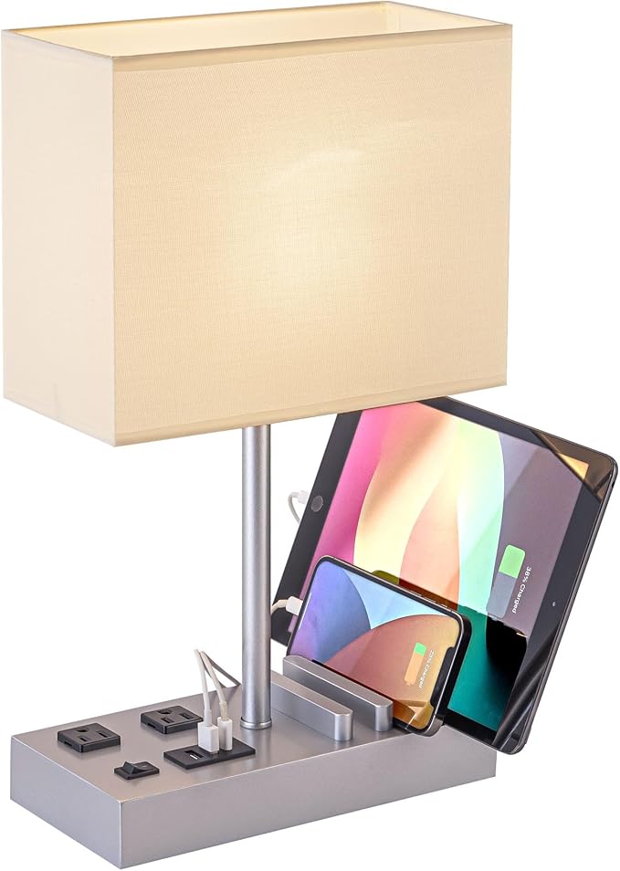 Briever Upgraded 3 USB Table Lamp with 2 USB A & C Charging Ports, Bedside Desk Lamp with 2 AC Outlets and Wooden Phone Stand Organizer, Nightstand Lamp for Bedroom, Living Room, Office, Silver Base