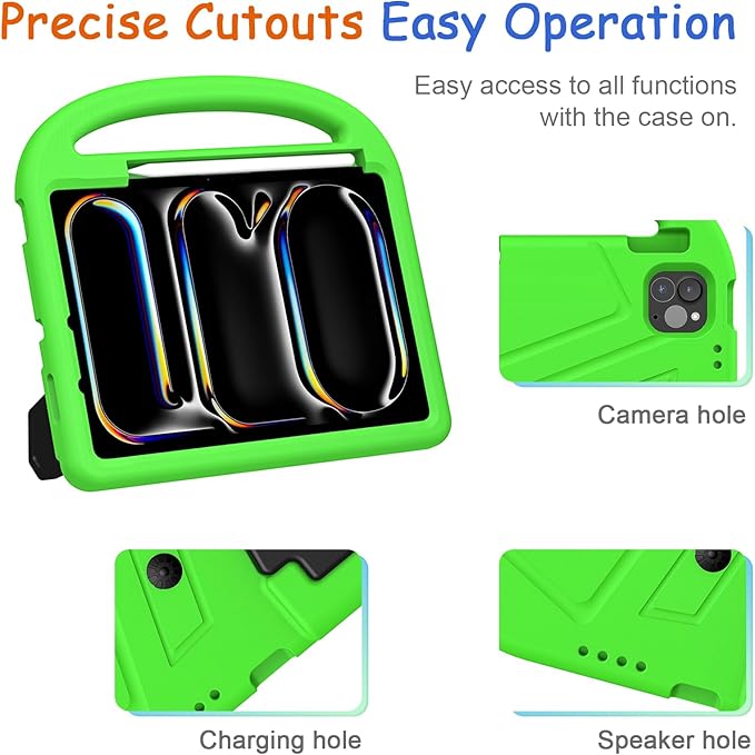 Kids Case for iPad Pro 11" M5 2025/M4 2024 & iPad Air 11" M3 2025/M2 2024, Techcircle Child Shock Proof EVA Protective [Support Pencil Charging] Handle Stand Cover, Green