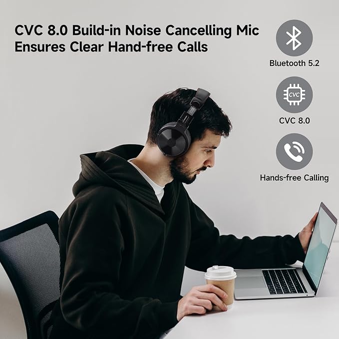 OneOdio Bluetooth Over Ear Headphones, 110 Hrs Wireless/Wired Stereo Sound Foldable Headsets with Deep Bass 50mm Neodymium Drivers for PC/Computer/Podcast- Studio Wireless Pro C, Black