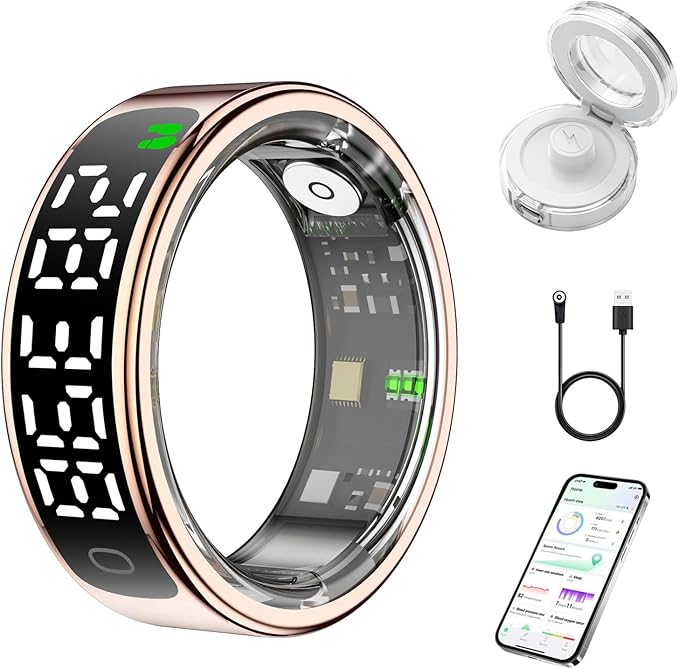 Smart Health Ring for Women Men, Smart Ring Fitness Tracker for iOS Android, Heart Rate, Blood Oxygen, Blood Pressure, Sleep Monitoring,5ATM Waterproof, No Subscription Fee (Gold, 13#)