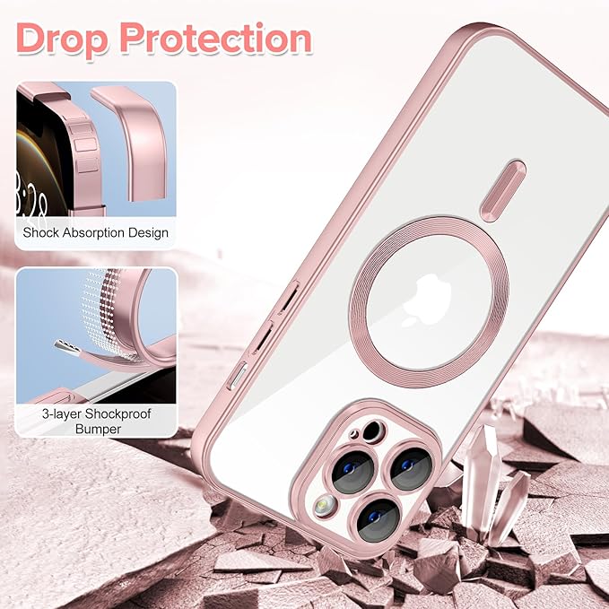 Hython Magnetic Clear for iPhone 12 Pro Max Case with Camera Lens Protector [Compatible with MagSafe] Plating Edge Slim Soft TPU Cover Protective Phone Case for iPhone 12 Pro Max 6.7", Matte Pink