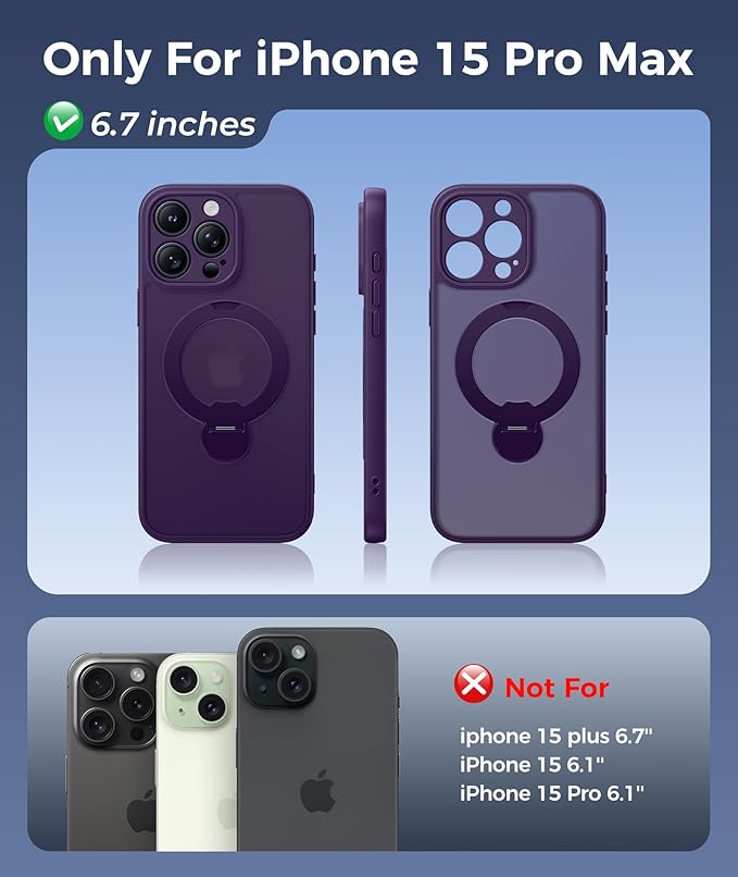 FNTCASE for iPhone 15 Pro-Max Case: [360 Spin Magnetic Stand] [Compatible with Magsafe] [Screen Protector] Translucent Matte Military Grade Shockproof Full Camera Protective Phone Cover - Purple