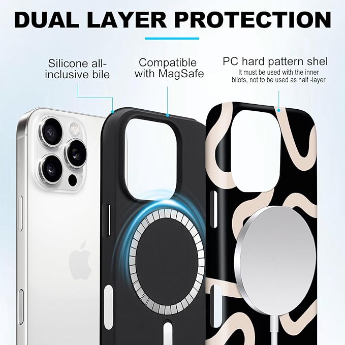Magnetic for iPhone 14 Pro Max Case Cute Curved Stripes Phone Case, Shockproof Slim TPU and Hard PC Protective Phone Cover Compatible with MagSafe Designed for Women Girls,Black