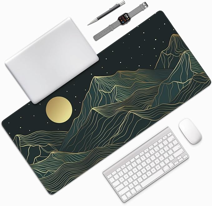 Large Gaming Mouse Pad Golden Mountain Line Moon Mouse Pad with Stitched Edges & Nonslip Rubber Base Extended XXL Long Mousepad Big Desk Mat for Company Office Work, 35.4 x 15.7 in