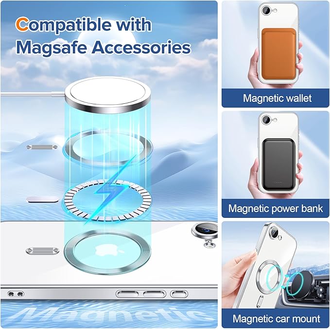 Hython Magnetic Clear for iPhone 17e Case with Camera Lens Protector [Compatible with MagSafe] Luxury Plating Edge Slim Soft TPU Cover Protective Phone Case for iPhone 17e 6.1", Silver