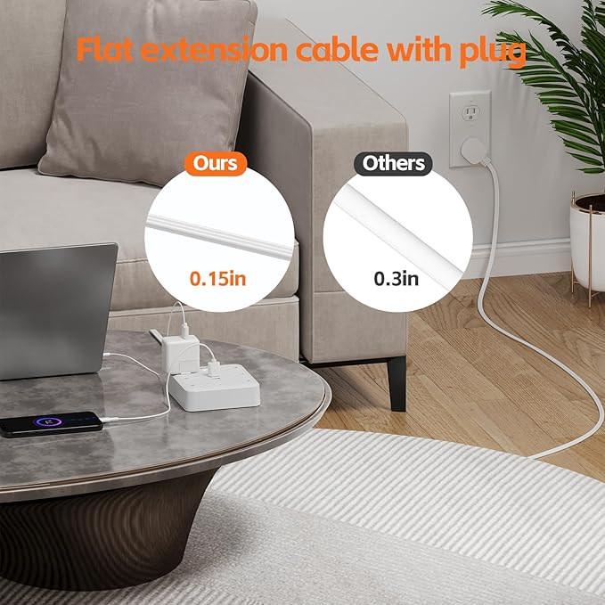 Portable Ultra Thin Flat Plug Surge Overload Protector Power Strip 5ft Extension Cord with 6 AC Power Outlets 4 USB (1C) for Home Office Dorm Travel Essentials Fire and Reach 15A 1875W UL