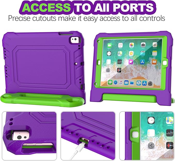 YIHE Kids Case for iPad 9.7 Inch with Screen Protector, Shockproof Handle Convertible Stand Case for iPad 9.7 6th/5th Generation 2018/2017, iPad Air 2/1& iPad Pro 9.7, Purple&Green