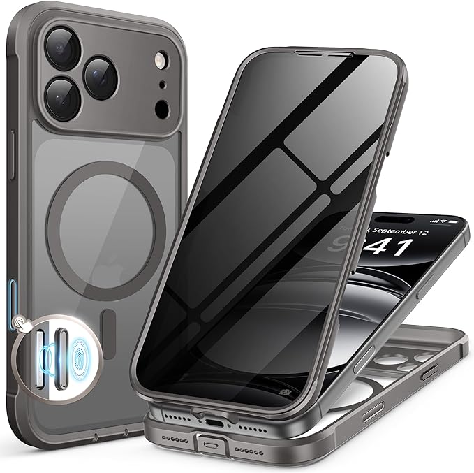BERFY for iPhone 17 Pro Case, Compatible with MagSafe, Built-in Privacy Screen Protector, Camera Protection, Shockproof Full Body Phone Case 6.3", Clear Grey