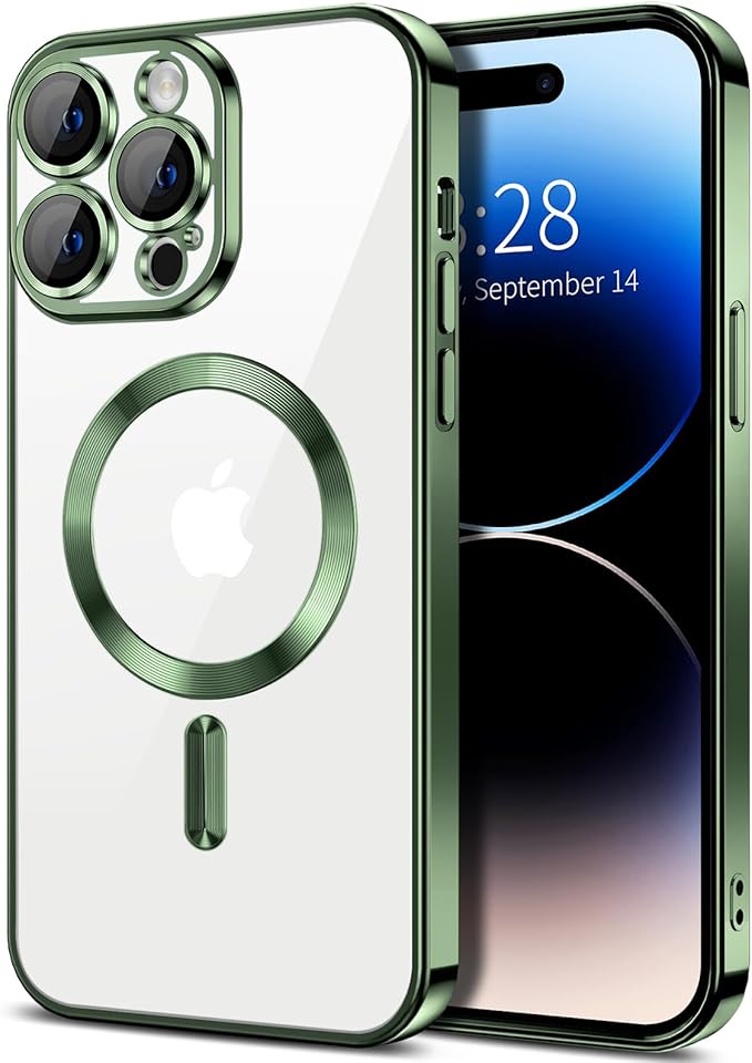 Hython Magnetic Clear for iPhone 14 Pro Max Case with Camera Lens Protector [Compatible with MagSafe] Plating Edge Slim Soft TPU Cover Protective Phone Case for iPhone 14 Pro Max 6.7", Deep Green