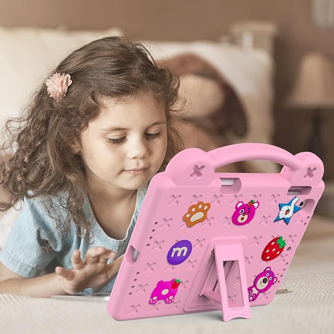 Dteck Kids Case for iPad 9.7 Inch 6th/5th Gen 2018/2017 & iPad Air 2/1 & iPad Pro 9.7,Strawberry Panda Shockproof Rugged Lightweight Pencil Holder Convertible Handles Stand Kids Friendly Case,Pink