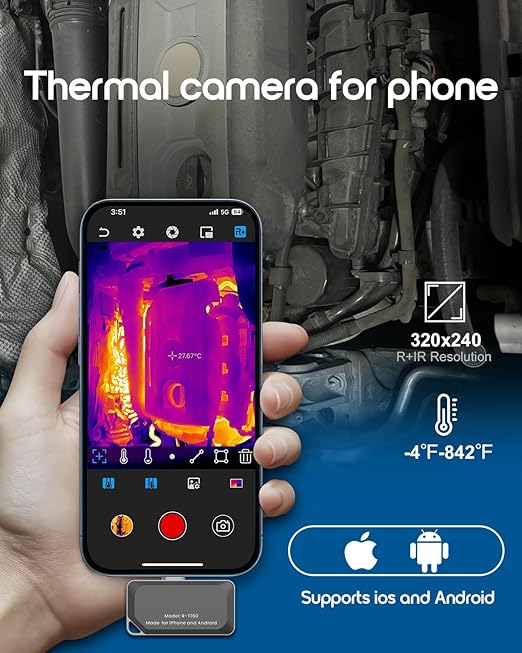 REVASRI Thermal Camera for iPhone and Android, 320×240 Super IR Resolution Thermal Imaging Camera, -4℉ to 842℉ Temp Range, Compatible with USB-C iOS & Android Device