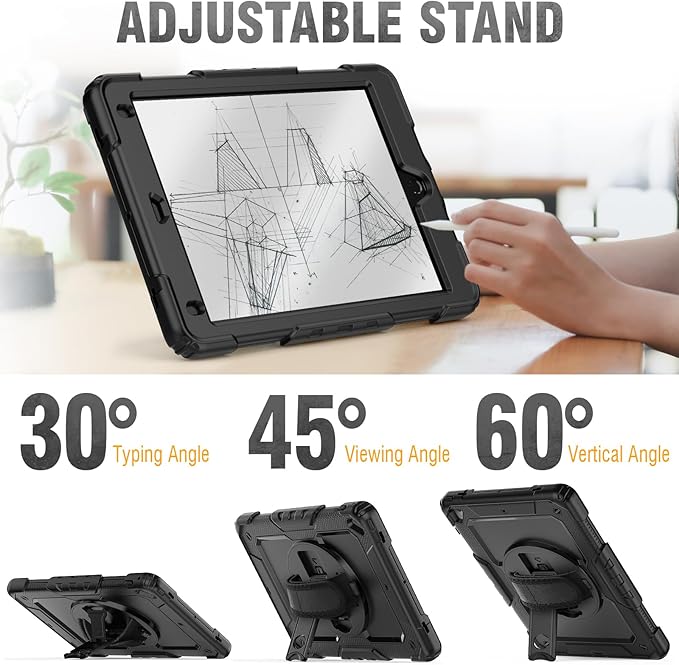 HXCASEAC Rugged Case for iPad Pro 9.7, iPad Air 2, 9.7 inch, Full Body Protective Design with Pencil Holder, Built-in Screen Protector, Rotating Stand, Hand Strap, for iPad Air 2 Hard Case (Black)