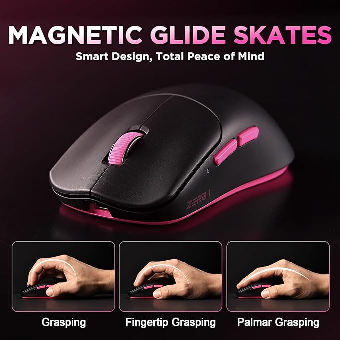 Zero 1 Pro Gaming Mouse,55g Ultralight Wireless Mouse, PAW3311 12K DPI, Tri-Mode 2.4G/Bluetooth/USB-C,Programmable Ergonomic Design,for Laptop/PC/Mac(Black & Pink)