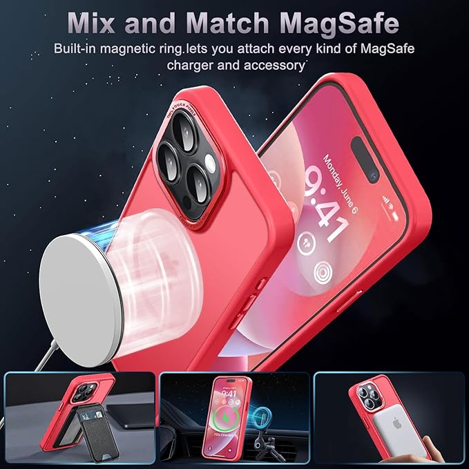 Newfuture Upgraded Magnetic for iPhone 15 Pro Max Case [Compatible with Magsafe] [Mil-Grade Protection], Pocket-Friendly, Slim Translucent Phone Case Cover for iPhone 15 Pro Max 6.7", Red