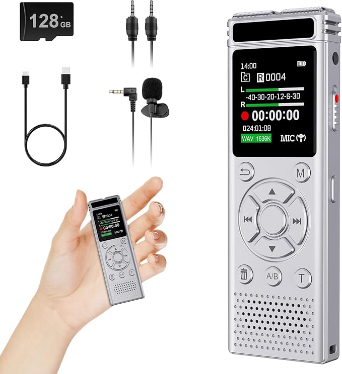 136GB Digital Voice Recorder with Playback,9000 Hours Audio Recording Device,Voice Activated Recorder with Noise Reduction,A-B Repeat,Mp3 Player&Password for Lectures/Meeting/Classes/Interviews,Silver