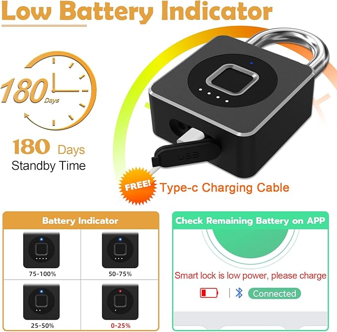 Pothunder Fingerprint Lock With APP, Steel Cable Keyless Biometric Padlock, Smart Waterproof for Gym, Locker, Helmet, Gate, Fence, Luggage