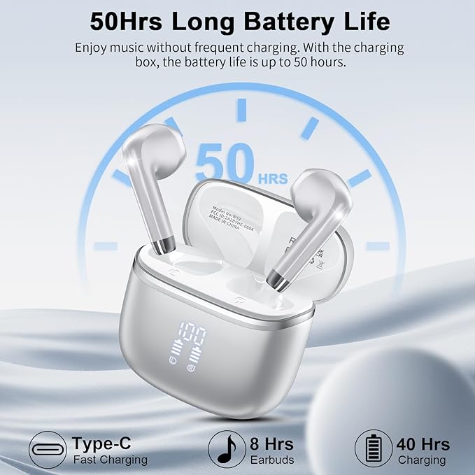 Wireless Earbuds, Bluetooth 5.4 in Ear Ear Bud with 4 ENC Noise Cancelling Mic, 48 Hours Earphones with HiFi Stereo Deep Bass, IPX7 Waterproof Headphones Compatible with iOS Android for Sports Work