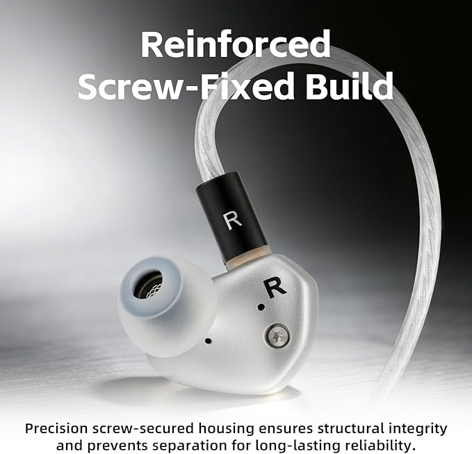 Klean SV in Ear Monitor, 10mm Full-DLC Diaphragm Dynamic Driver IEM, 3 Interchangeable Tuning Nozzles, HiFi Wired Earbuds, Detachable Cable for Audiophile, Musician & Gaming (Silver, 3.5mm)