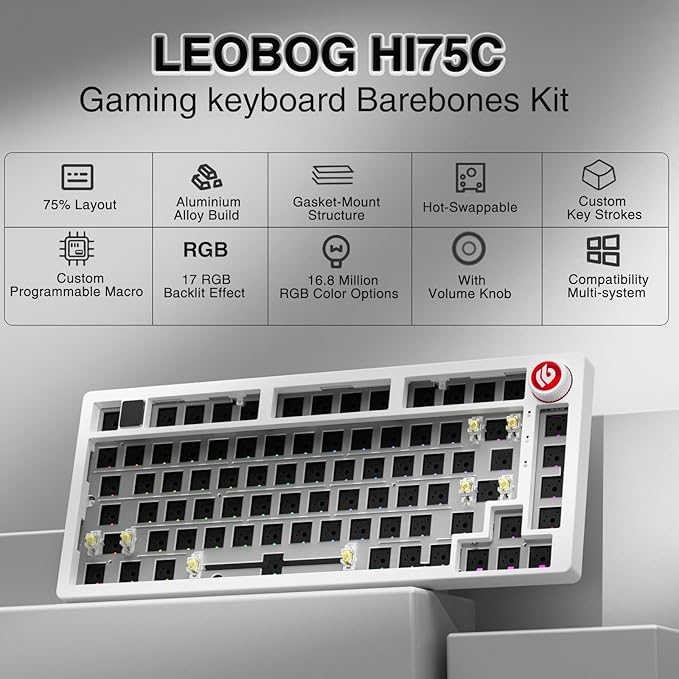 CORBOBO LEOBOG Hi75C Upgraded Wired Mechanical Keyboard Kit – Aluminum Alloy Gasket Mount 75% Barebones DIY Base with Hot Swap, RGB Backlighting & Volume Knob – Enhanced Custom Gaming Keyboard Build